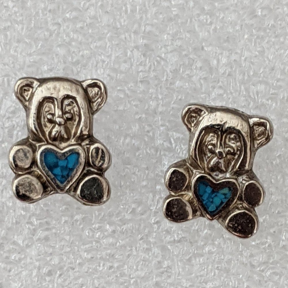 Silver Turquoise Post Teddy Bear Earrings